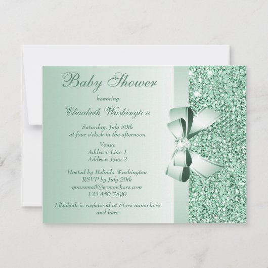 Invitation Séquins verts imprimés, Baby shower Bow & Diamond (Dos)
