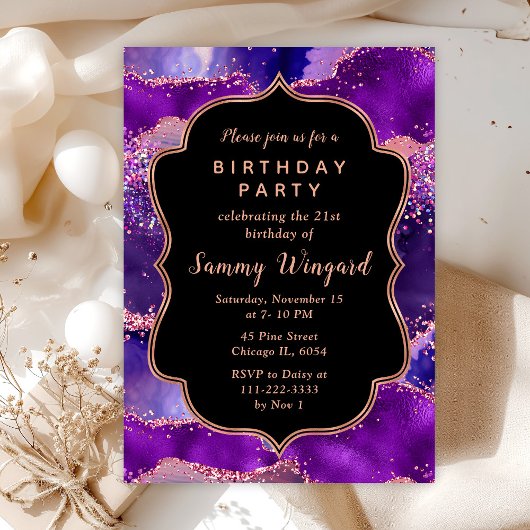 Invitation Séquins violets foncés et roses Agate Anniversaire