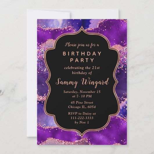 Invitation Séquins violets foncés et roses Agate Anniversaire (Devant)