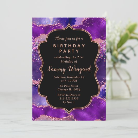 Invitation Séquins violets foncés et roses Agate Anniversaire (Debout devant)