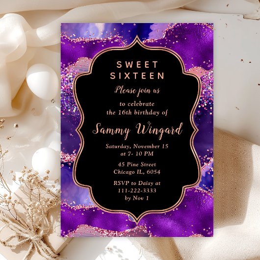 Invitation Séquins violets foncés et roses Agate Sweet sixtee