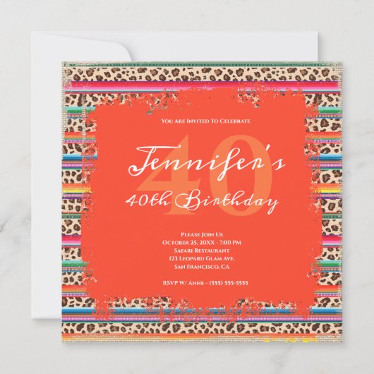 Invitation Serape Leopard Grunge Safari Orange 40e anniversai (Devant)