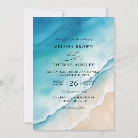 Invitation Serene Blue Ocean Beach Budget QR Code Wedding (Devant)