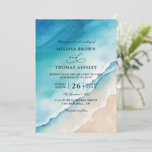 Invitation Serene Blue Ocean Beach Budget QR Code Wedding (Debout devant)