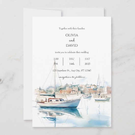 Invitation Serene Coastal Town Voiliers Harbour Beach Wedding (Devant)