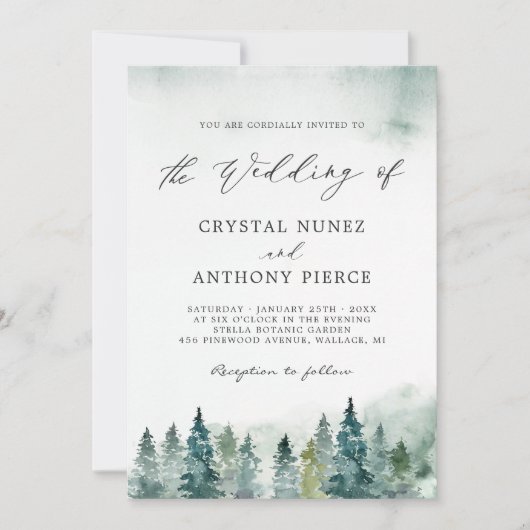 Invitation Serene Winter Forest Pine Trees Mariage (Devant)