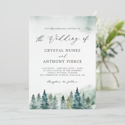 Invitation Serene Winter Forest Pine Trees Mariage (Debout devant)