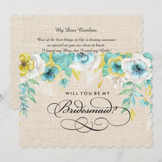 Invitation Serez-vous ma demoiselle d'honneur ? Aquarelle Flo (Devant / Derrière)