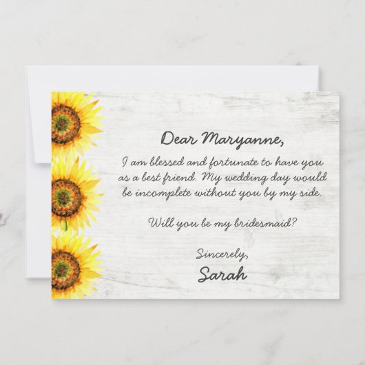 Invitation Serez-Vous Ma Femme D'Accueil ? Tournesol et bois (Dos)