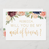 Invitation Serez-Vous Ma Fille D'Honneur Bourgogne Florale (Devant / Derrière)