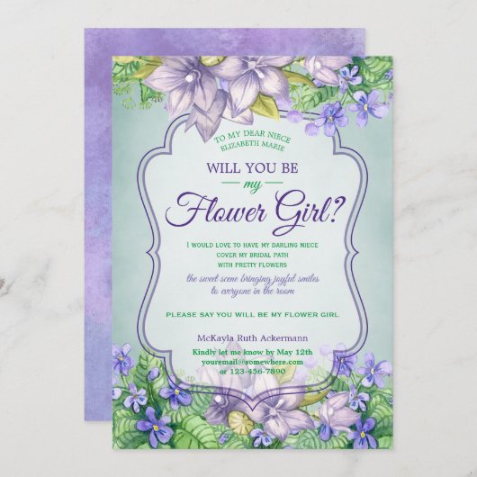 Invitation Serez-Vous Ma Fille Fleur Mariage Mariage Violets (Devant / Derrière)