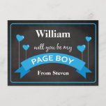 Invitation Serez-Vous Ma Page Garçon Chalkboard Black Blue<br><div class="desc">En vous demandant à quelqu'un d'être votre page garçon pour votre futur mariage, alors pourquoi ne pas choisir ces cartes de garçon cool, classique, en tableau noir avec une bannière bleue et des ballons de coeur. Ce invitation customisé fera de votre ami, frère, cousin, neveu, fils ou qui que ce...</div>