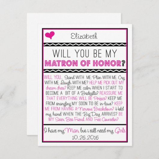 Invitation Serez-vous mon chef d'honneur ? Collage rose/noir (Devant / Derrière)