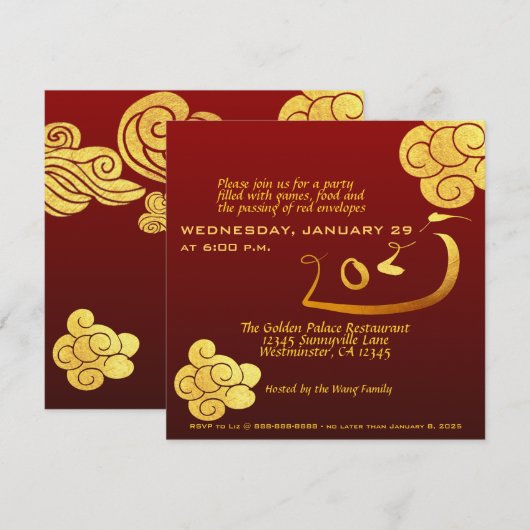 Invitation Serpent du Nouvel An Chinois 2025 Nuages d'Or Text (Devant / Derrière)