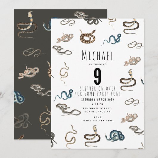 Invitation Serpents colorés Reptile Animal Anniversaire Fête  (Devant / Derrière)