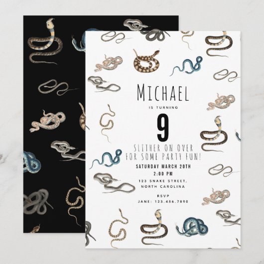 Invitation Serpents colorés Reptile Animal Anniversaire Fête (Devant / Derrière)