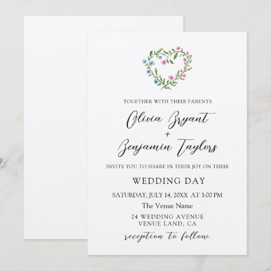 Invitation Serre de coeur floral. Mariage rustique élégant (Devant / Derrière)