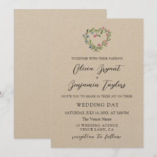Invitation Serre de coeur floral. Mariage rustique élégant