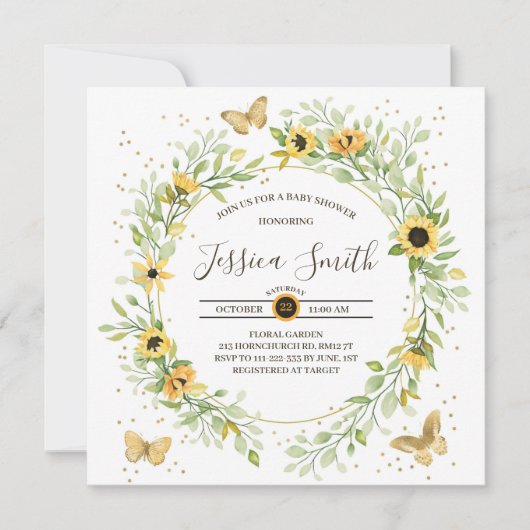 Invitation Serre de tournesol avec Baby shower de papillons m (Devant)