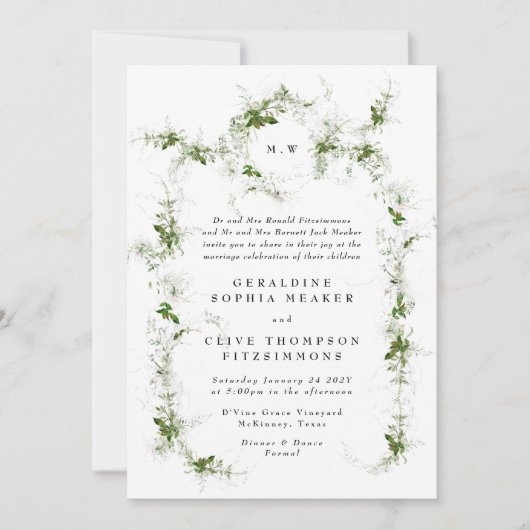 Invitation Serre encadrée d'Eucalyptus | Mariage double monog (Devant)