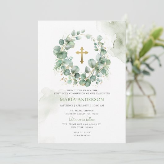 Invitation Serre Eucalyptus Verdure Première Communion Sainte (Debout devant)