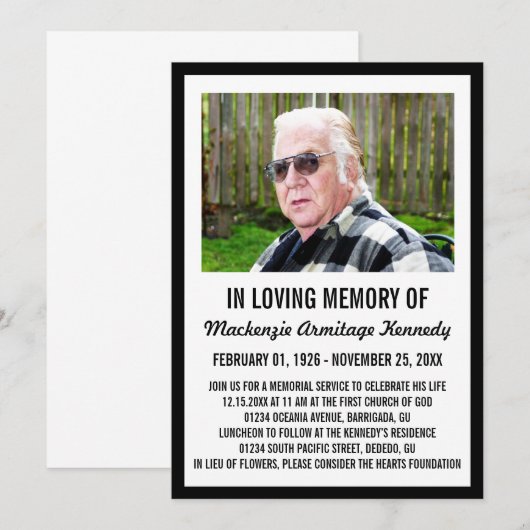 Invitation Service commémoratif de photos en noir ou Invitati (Devant / Derrière)