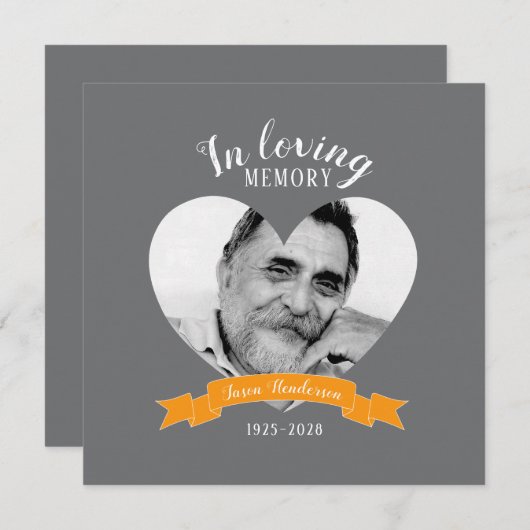 Invitation Service commémoratif photo coeur ruban orange invi (Devant / Derrière)