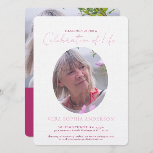 Invitation Service commémoratif photo ovale et rose (Devant / Derrière)