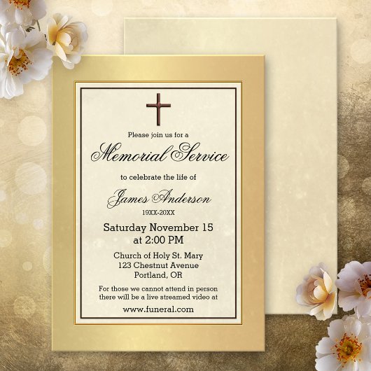 Invitation Service funèbre chrétien classique d'or Mémorial