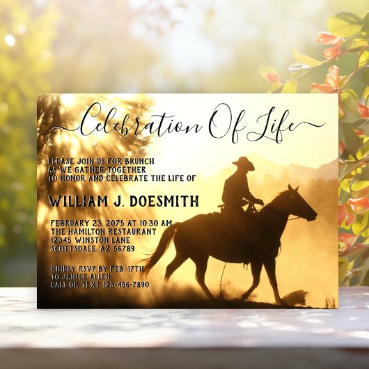 Invitation Service funèbre commémoratif Cowboy Sunset Gold