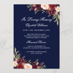 Invitation Service funèbre floral rouge Bourgogne Navy