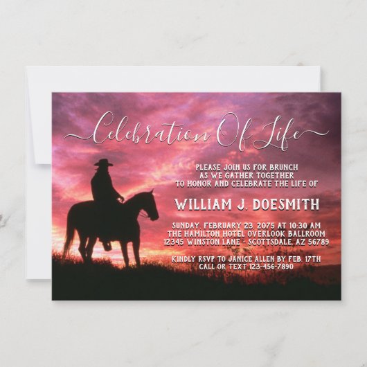 Invitation Service funéraire commémoratif Sunset Cowboy Horse (Devant)