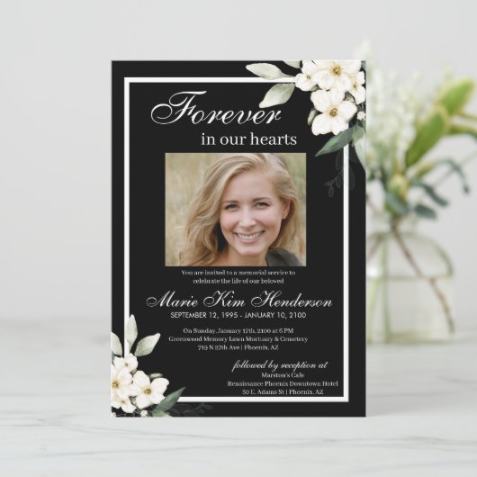 Invitation Service funéraire noir blanc Boho vert (Debout devant)