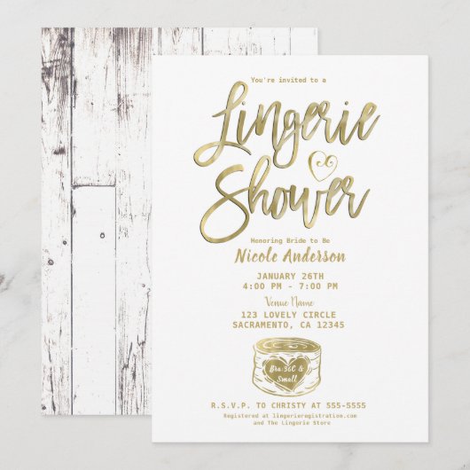 Invitation Serviette de douche en bois blanc rustique glam or (Devant / Derrière)
