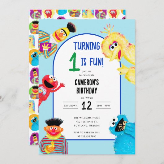 Invitation Sesame Street Caractères Première fête d'anniversa (Devant / Derrière)