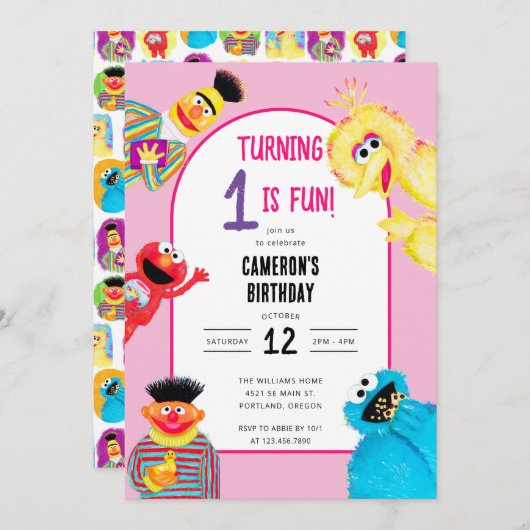 Invitation Sesame Street Caractères Première fête d'anniversa (Devant / Derrière)
