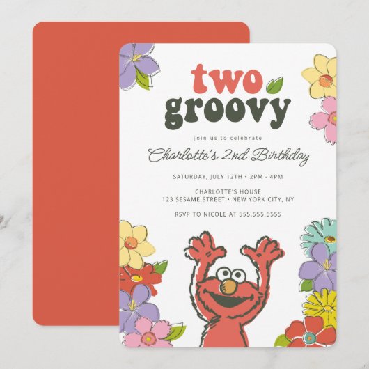 Invitation Sesame Street Elmo | Deux Anniversaire Floral Supe (Devant / Derrière)
