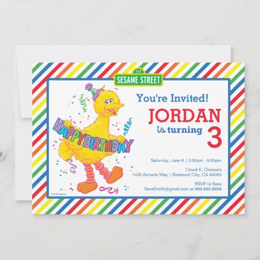 Invitation Sesame Street Gros Oiseau rayé Anniversaire (Devant)