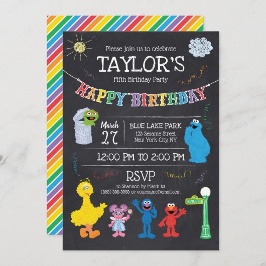 Invitation Sesame Street Pals Chalkboard Arc-en-ciel 5e anniv (Devant / Derrière)