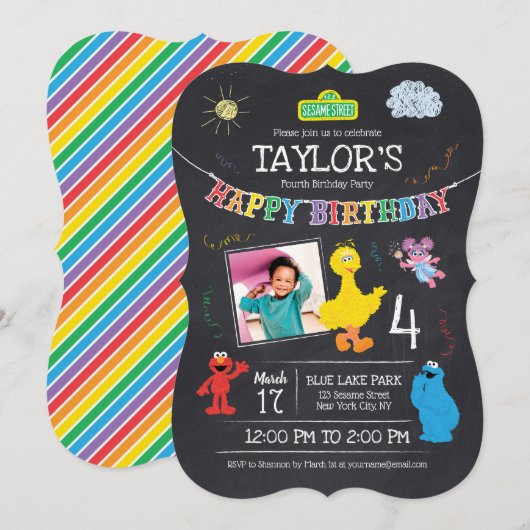 Invitation Sesame Street Pals Chalkboard Photo 4Anniversaire (Devant / Derrière)