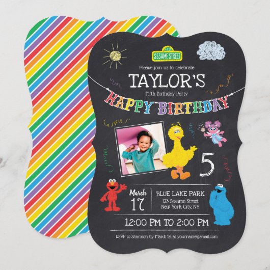 Invitation Sesame Street Pals Chalkboard Photo 5Anniversaire (Devant / Derrière)