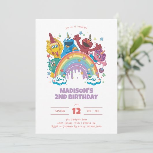 Invitation Sesame Street Rainbow Unicorn anniversaire (Debout devant)
