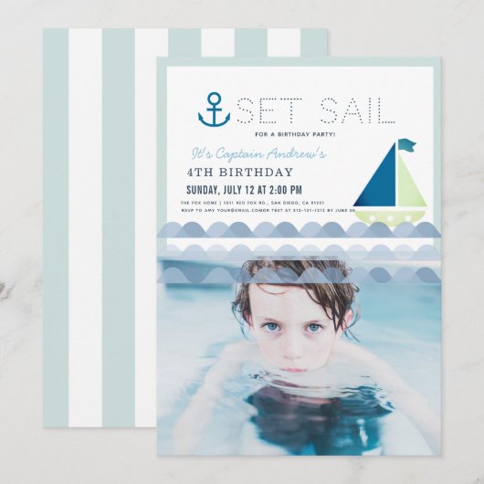 Invitation Set Sail Sailboat Blue Boy Photo Anniversaire (Devant / Derrière)
