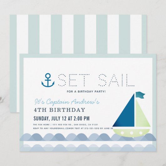 Invitation Set Sail Sailboat Nautical Blue Boy Anniversaire (Devant / Derrière)