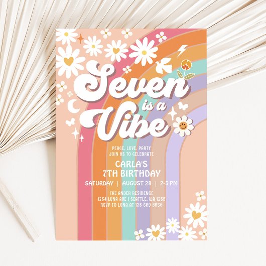 Invitation SEVEN est Vibe Daisy Rainbow Hippie 7e anniversair