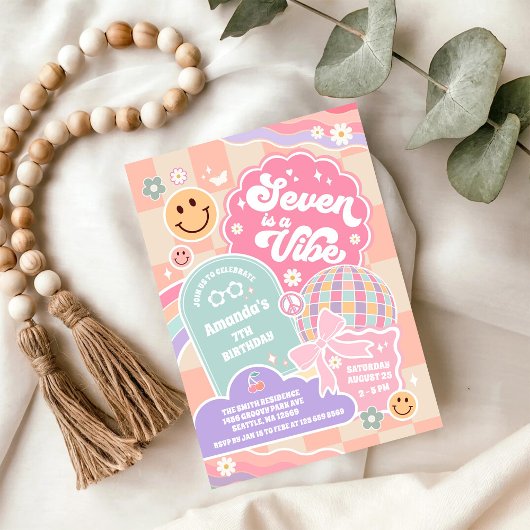 Invitation Seven Is A Vibe Cloud Rainbow Disco 7th Birthday