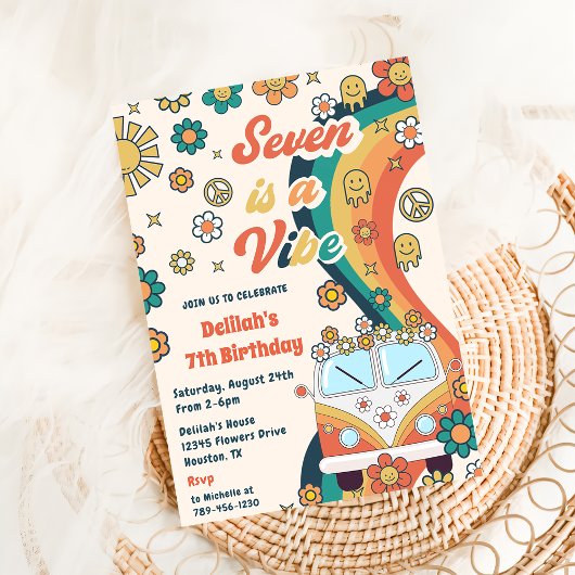 Invitation Seven Is A Vibe Retro Floral 7e fête d'anniversair
