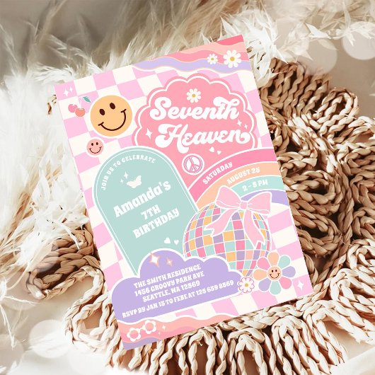 Invitation Seventh Heaven Cloud Rainbow Disco 7th Birthday