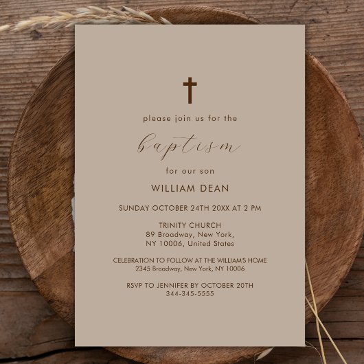 Invitation Sexe Neutre Simple Script Boho Cross Baptism