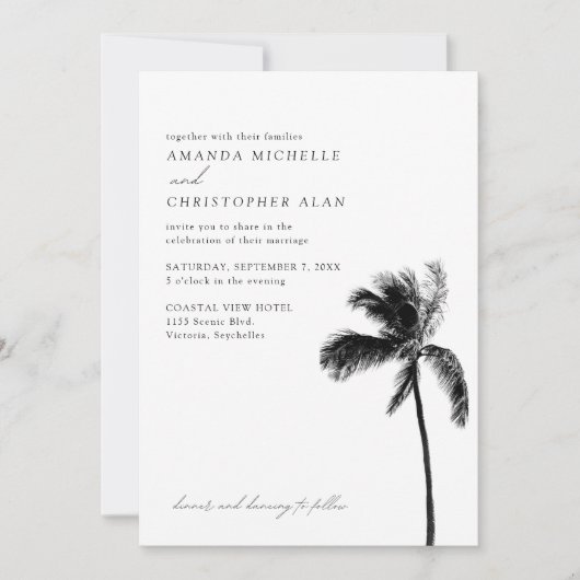 Invitation Seychelles Mariage Beach Noir & Blanc Élégant (Devant)